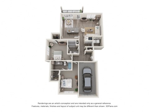 Floor plan for 2 beds, 2 baths, 1233 sqft